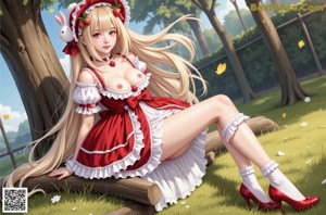 A woman in a red dress with a bunny hat on her head.