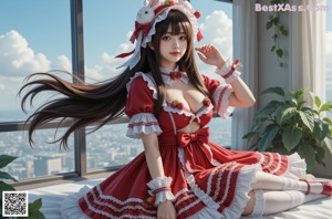 A girl in a red and white dress sitting on a porch.