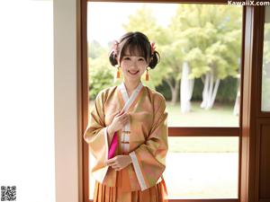 A woman in a red kimono holding a book.