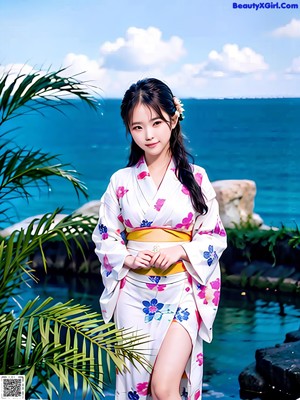 A woman in a pink kimono posing for a picture.