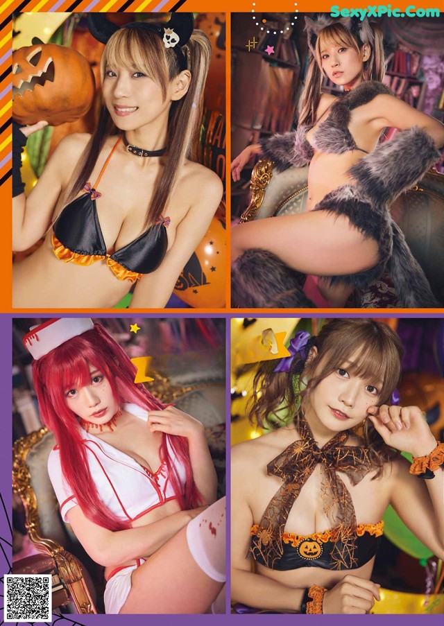 A group of four pictures of a woman dressed up for Halloween.