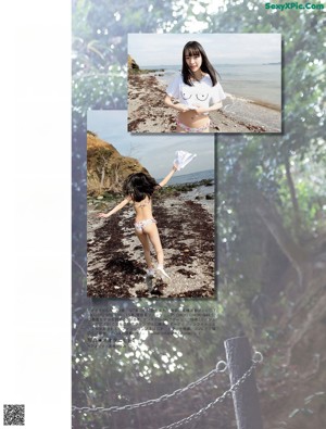 A woman in a bikini standing on a beach.