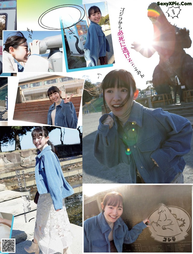 A collage of photos of a woman in a blue jacket and white skirt.