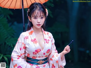 A woman in a white kimono posing for a picture.