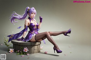 A woman in a purple and white dress sitting on a bench.