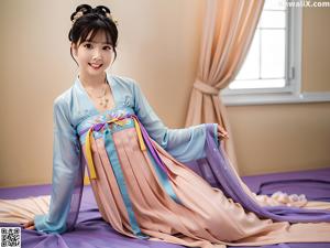A woman wearing a colorful hanbok standing in front of a window.