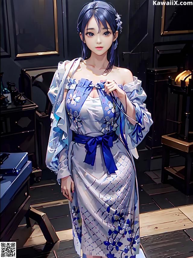 A woman in a blue and white kimono standing in a room.