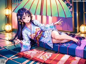 A woman in a purple kimono sitting on a chair.