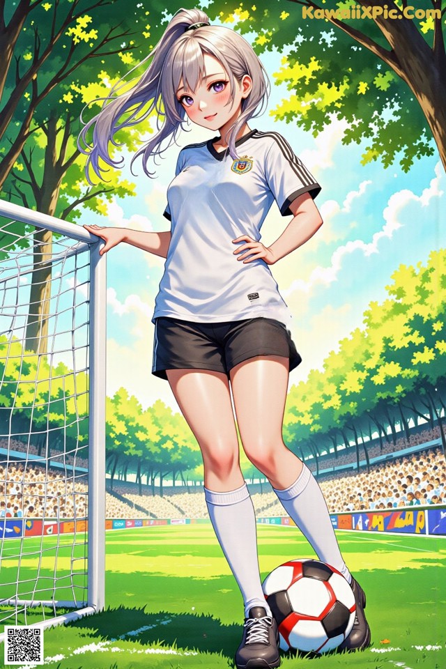 A girl standing next to a soccer ball on a field.