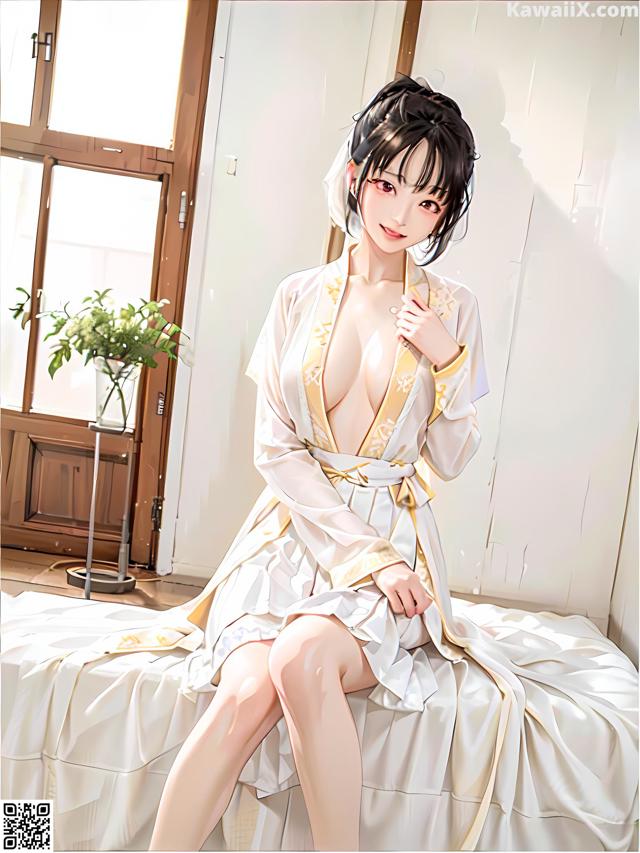 A woman in a white robe sitting on a bed.