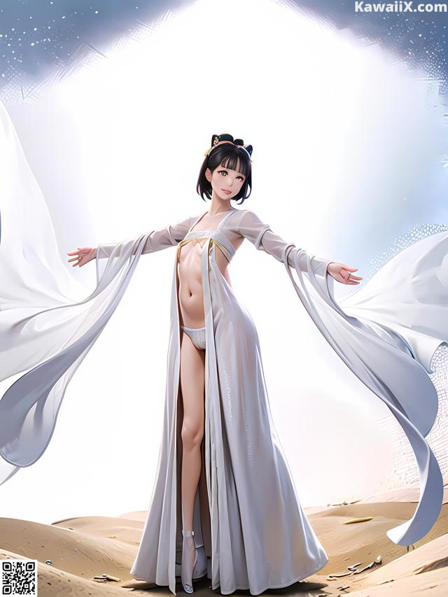 A woman in a white dress standing in the desert.
