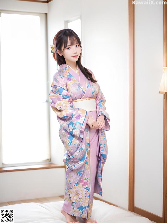 A woman in a kimono standing on a bed.