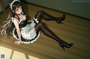 A woman in a maid outfit leaning over a table.