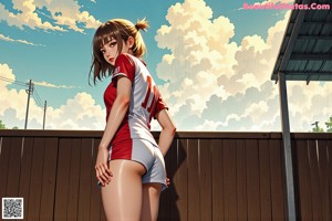 A woman in a red and white shirt and shorts on a soccer field.