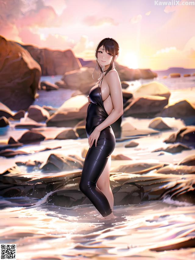 A woman in a wet suit standing in the water.