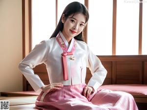 A woman in a pink and white dress posing on a bed.