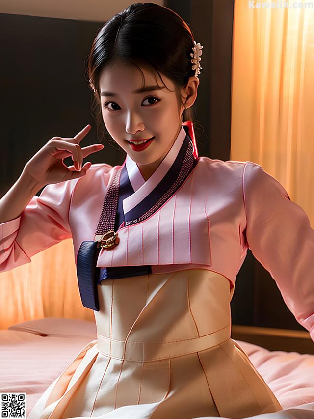 A woman in a pink and white dress posing on a bed.