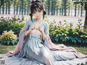 A woman in a white kimono standing next to a vase of flowers.