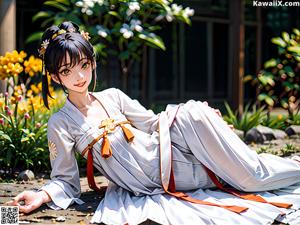 A woman in a yellow and white kimono posing by the water.