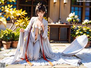 A woman in a kimono standing in front of a window.