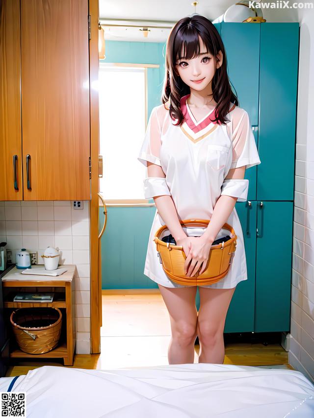 A woman in a white dress holding a basket in a room.