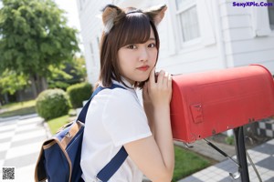 A woman in a school uniform sitting on a bench.