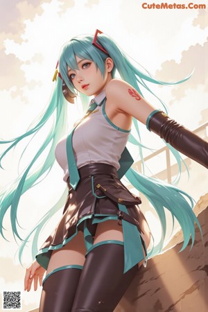 A woman with green hair wearing a white shirt and black skirt.