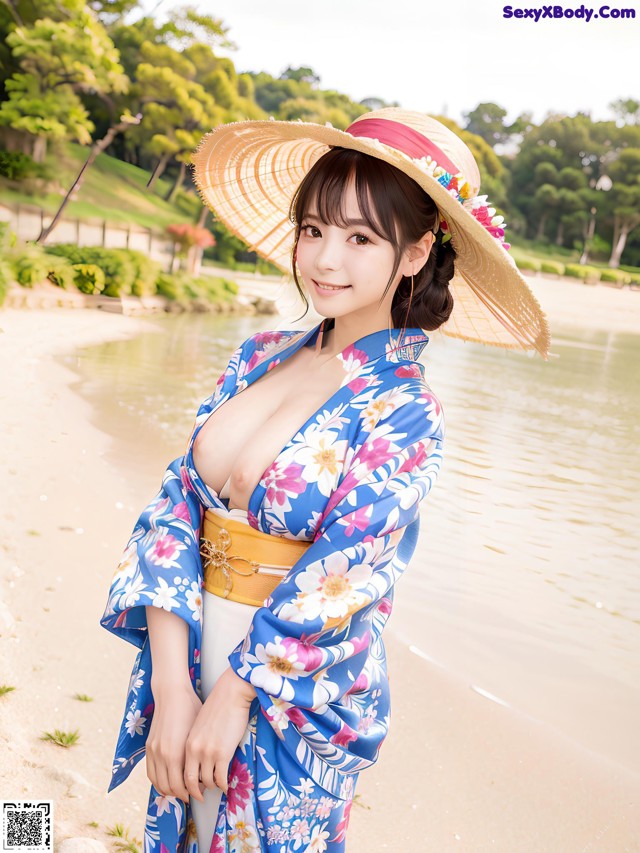 A woman in a blue kimono and a straw hat on the beach.