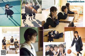 A girl in a school uniform sitting at a desk.