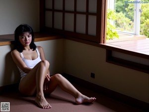 A woman sitting on a window sill in a white bra and panties.