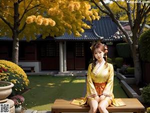 A woman in a chinese dress sitting on a window sill.