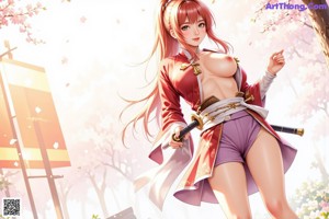A woman in a red kimono with cherry blossoms and a katana.