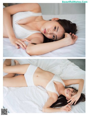 A woman in a pink bikini laying on a bed.