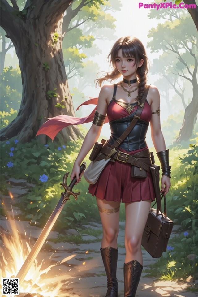 A woman in a red dress holding a sword in a forest.