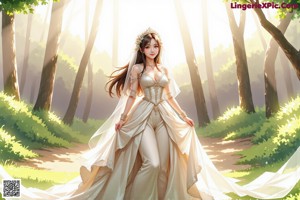 A woman in a wedding dress walking through a forest.