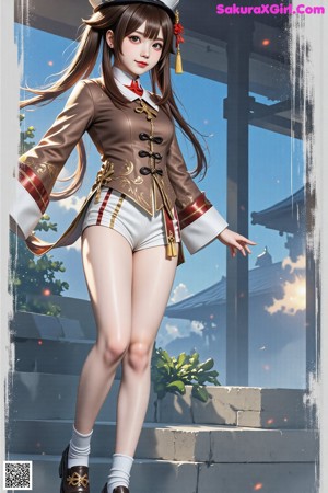 A woman in a brown and white outfit is posing for a picture.