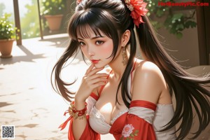 A woman in a red and white dress is posing for a picture.
