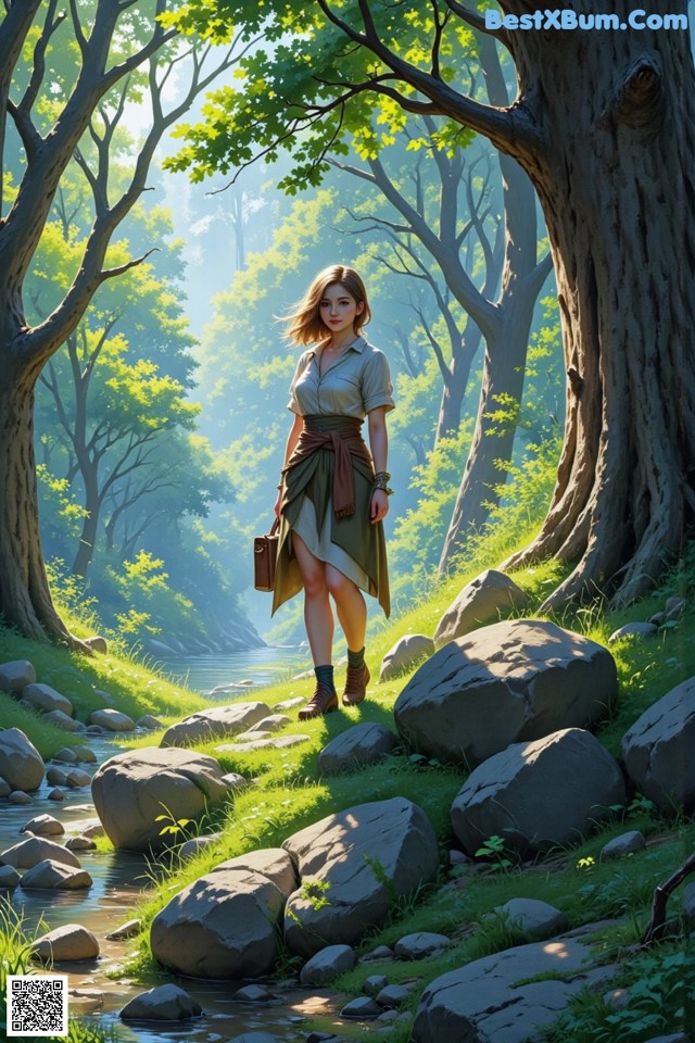 A woman walking through a lush green forest next to a stream.