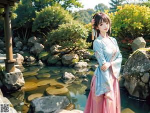 A woman in a blue kimono sitting on a bed.