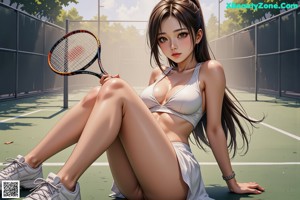 A woman holding a tennis racket on a tennis court.