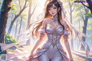 A woman in a wedding dress standing in a forest.