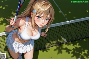 A woman in a bikini holding a tennis racket.