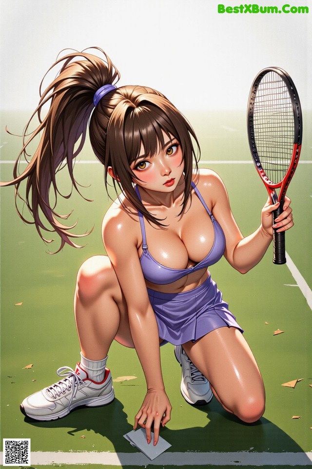 A woman kneeling on a tennis court holding a tennis racket.