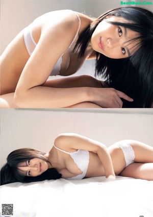 A woman in a black bikini posing for a magazine.