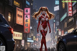 A woman in a red latex outfit standing in the middle of a city.