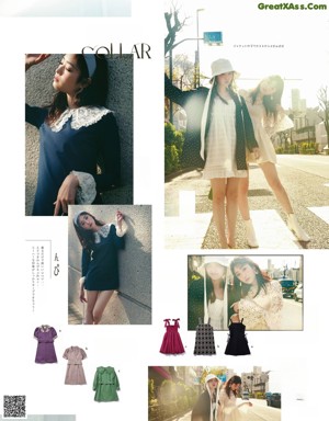 A magazine spread with a woman wearing a skirt and a sweater.