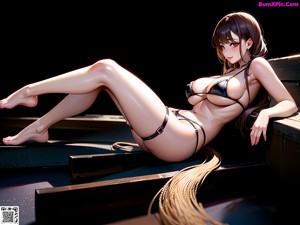 A woman in a black bikini sitting on top of a table.