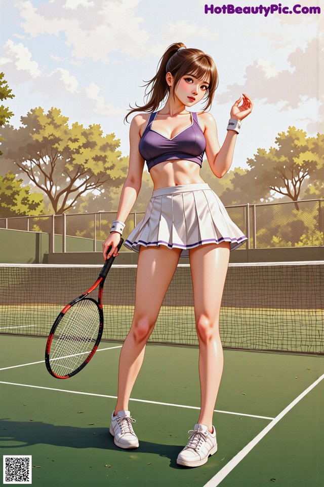 A woman holding a tennis racket on a tennis court.