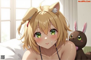 A girl sitting on the floor with two white rabbits.