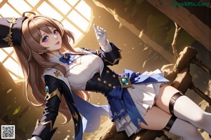 A woman in a blue and white outfit with long hair.
